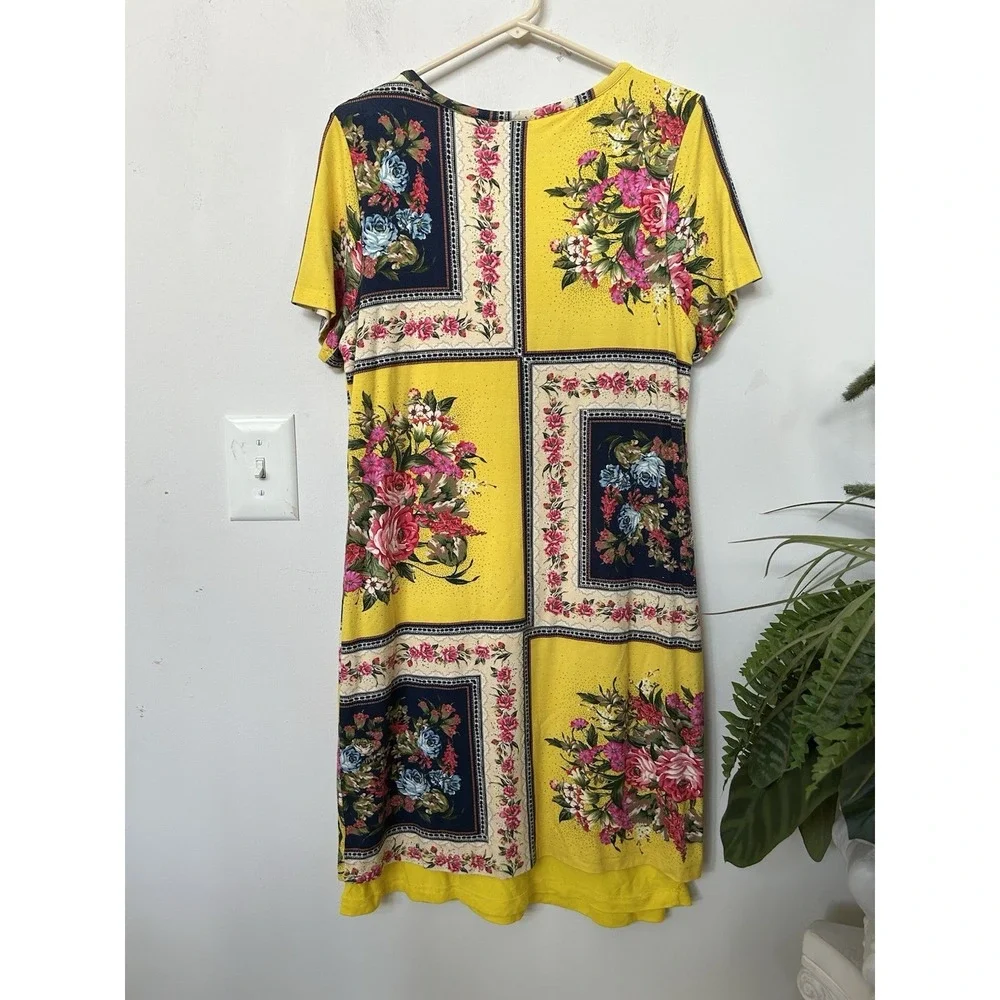 Farm Rio Anthropologie Floral Shift Dress Yellow‎ Patchwork Multi Mini Boho Sz M